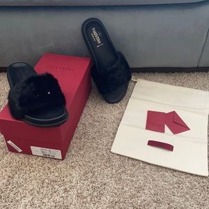 Valentino Black Rockstud Studded Mink Fur Slides